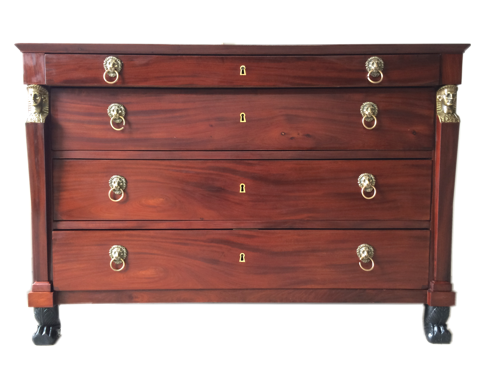 Kommode Empire II, ca. 1850 Mahagoni auf Eiche furniert, Beschläge massiv Messing, Schellack mattiert