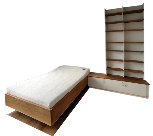 Bett und Regal Eiche + mdf